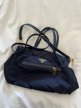 Prada Navy Nylon Crossbody Tote Bag with Gold Hardware